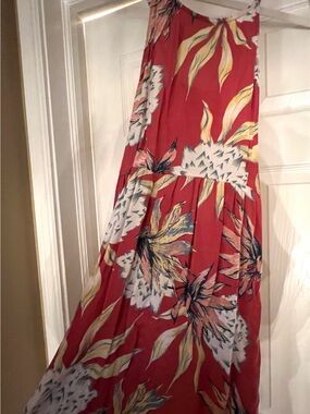 Roxy Red Floral Sundress with Multicolor Leaf Print